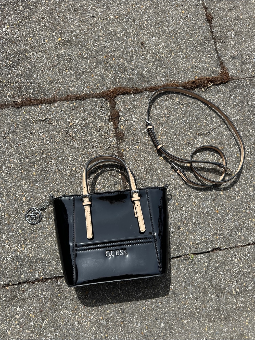 GUESS Delaney Black Patent Mini Tote Crossbody Bag Tan Strap - Picture 3 of 6